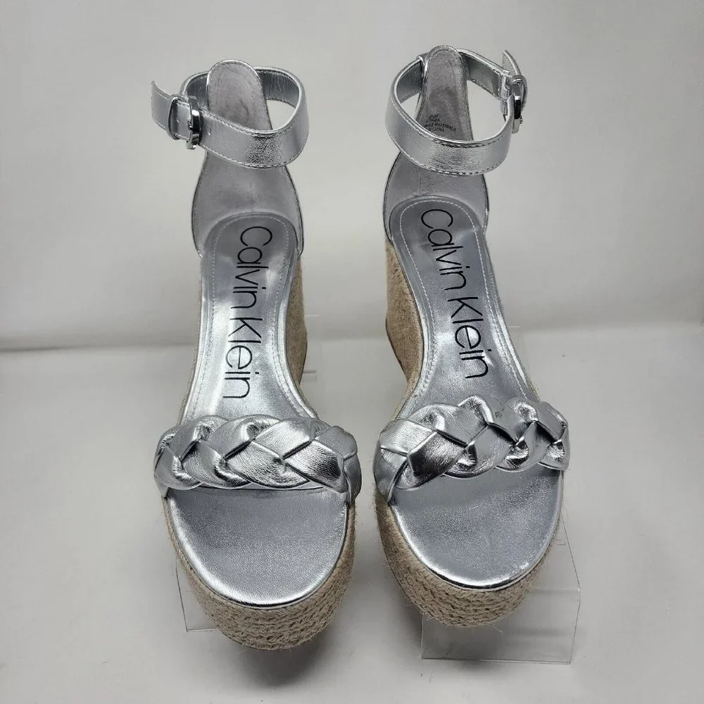Calvin Klein Wedge Sandals Womens 8.5 Silver Thea Faux Leather Heels Shoes